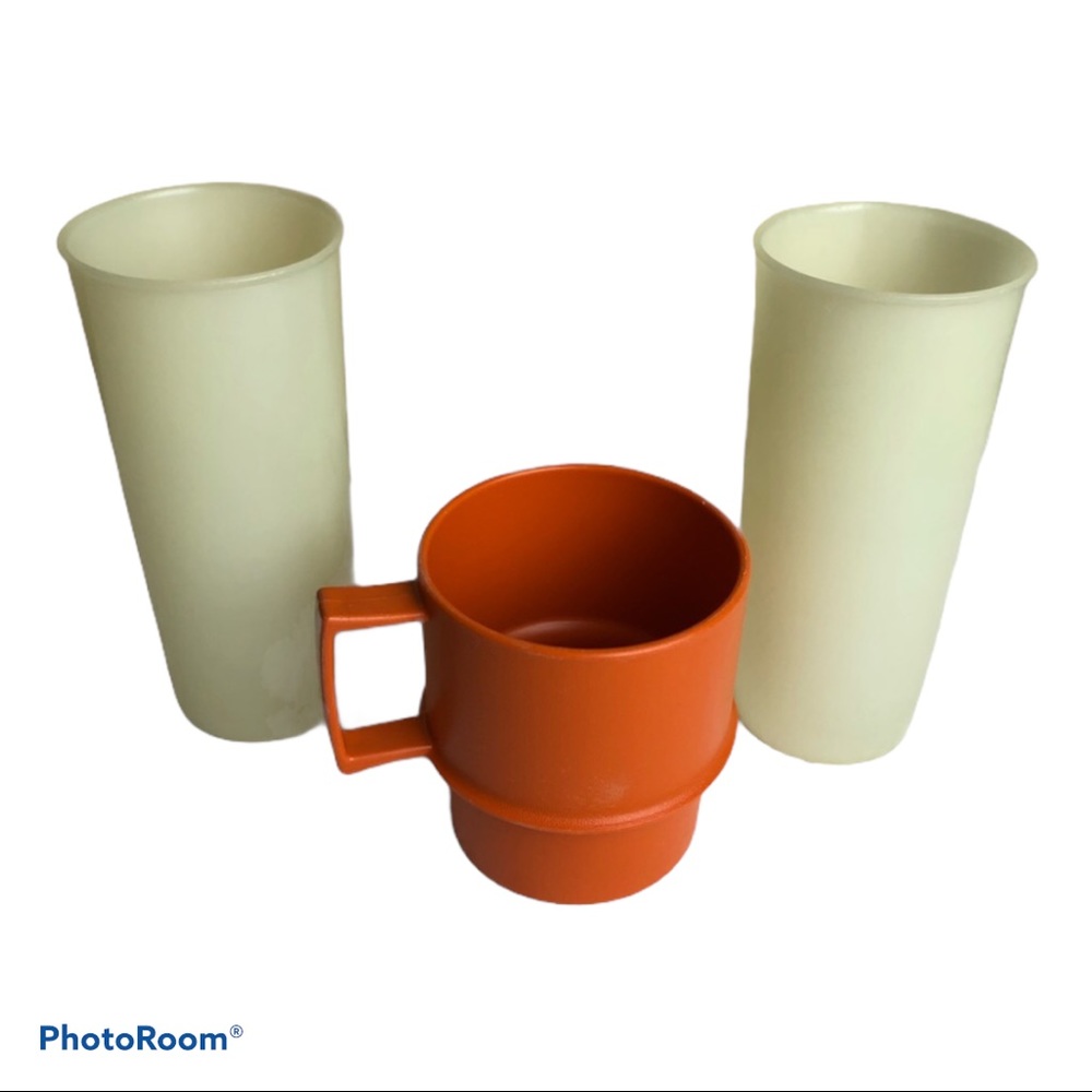 Lot of 3 retro Tupperware cups/ mug clear orange